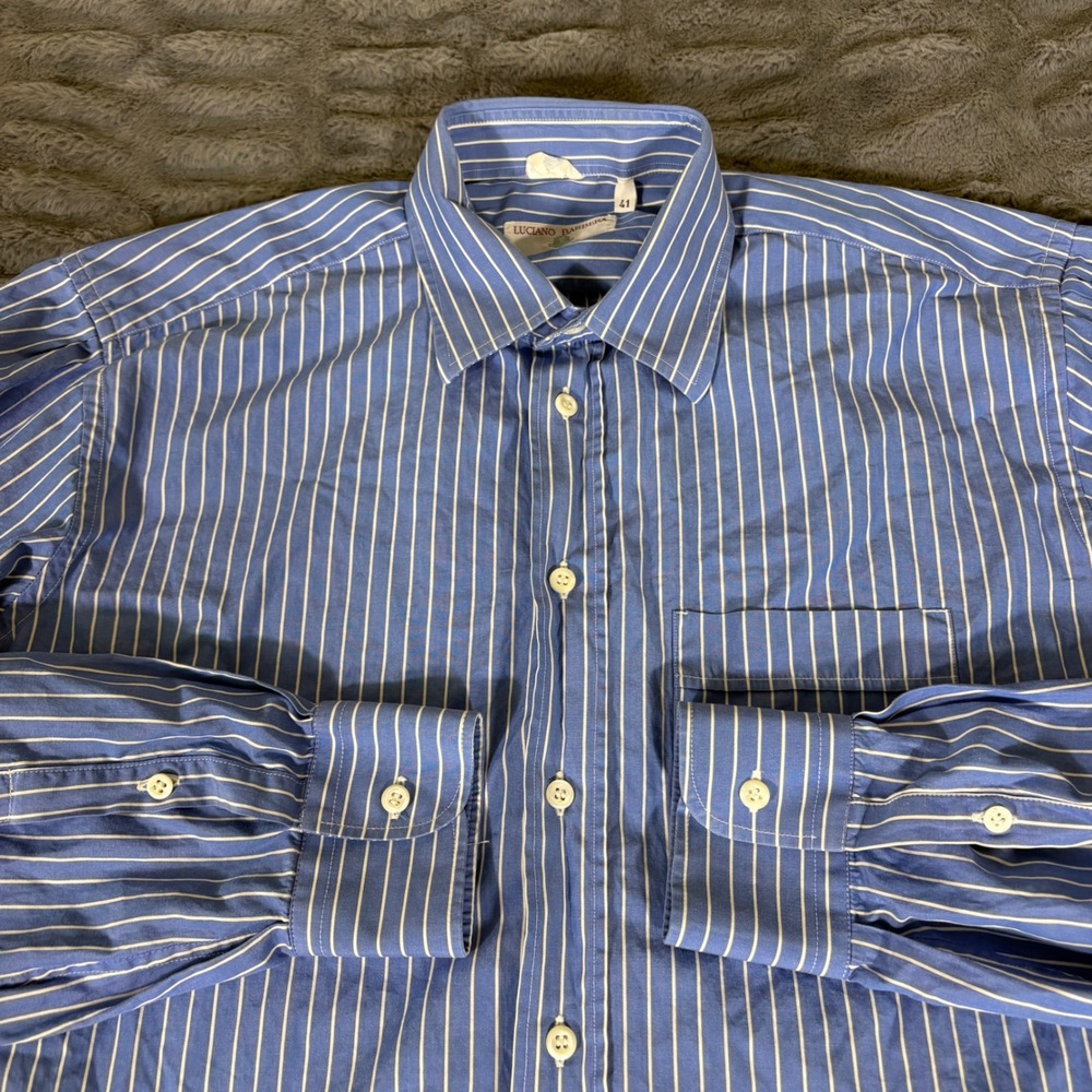 Luciano Barbera Mens Blue White Striped Cotton Dress Shirt Made in Italy Size 41